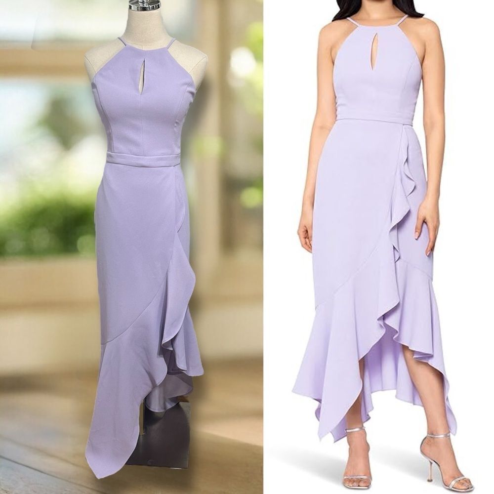 NWT XSCAPE Midi Maxi Scuba Crepe Asymmetric Flounce Dress Size 6